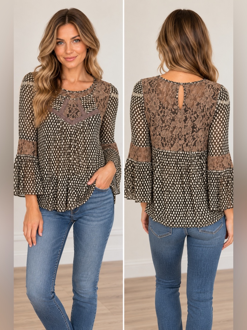 Altar’d State Boho Lace Bell Sleeve Dress Size M Floral Brown Black Blouse